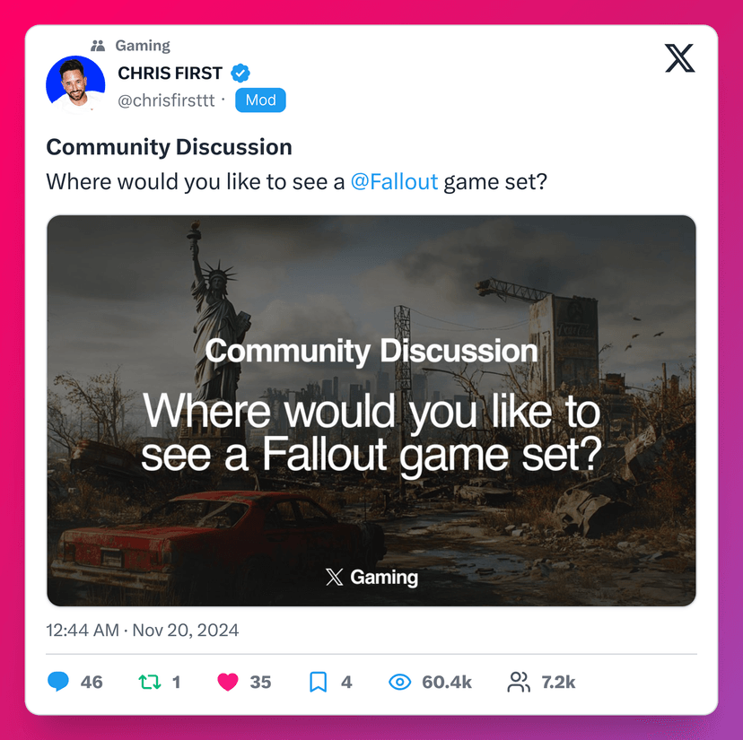 Screenshot Example - @chrisfirsttt: Community Discussion Where would you like to see a @Fallout game set?