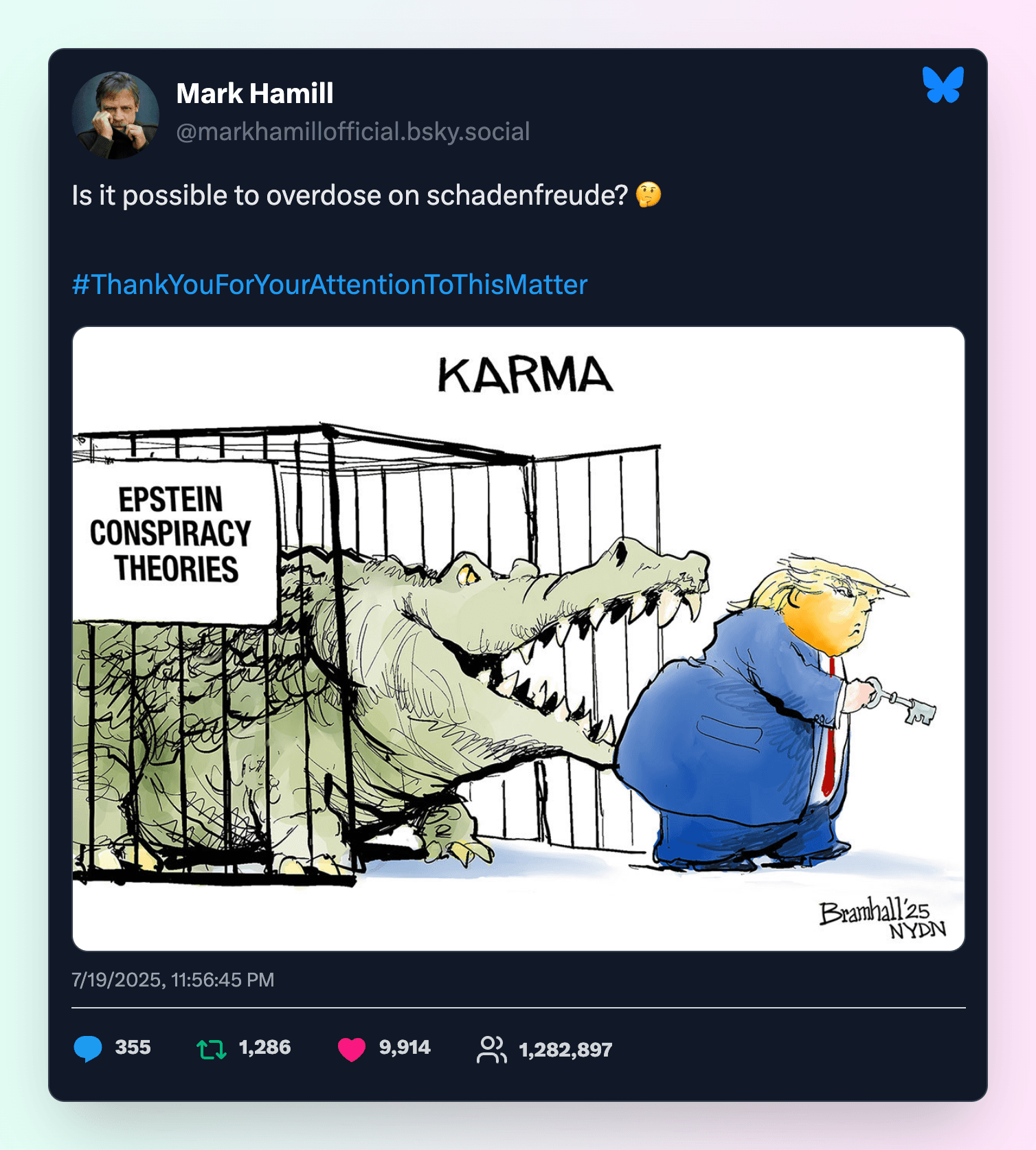 Bluesky Screenshot Example - Mark Hamill, Trump, Epstein screenshot