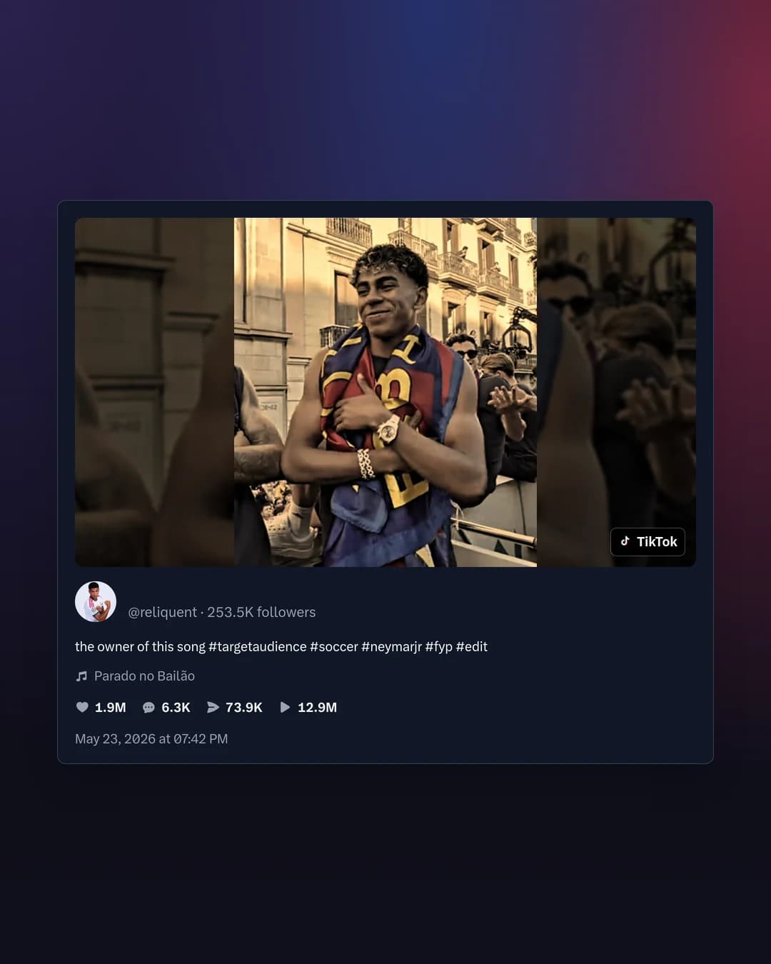 PostCapture TikTok screenshot of a football edit with its thumbnail, caption and stats on a dark card