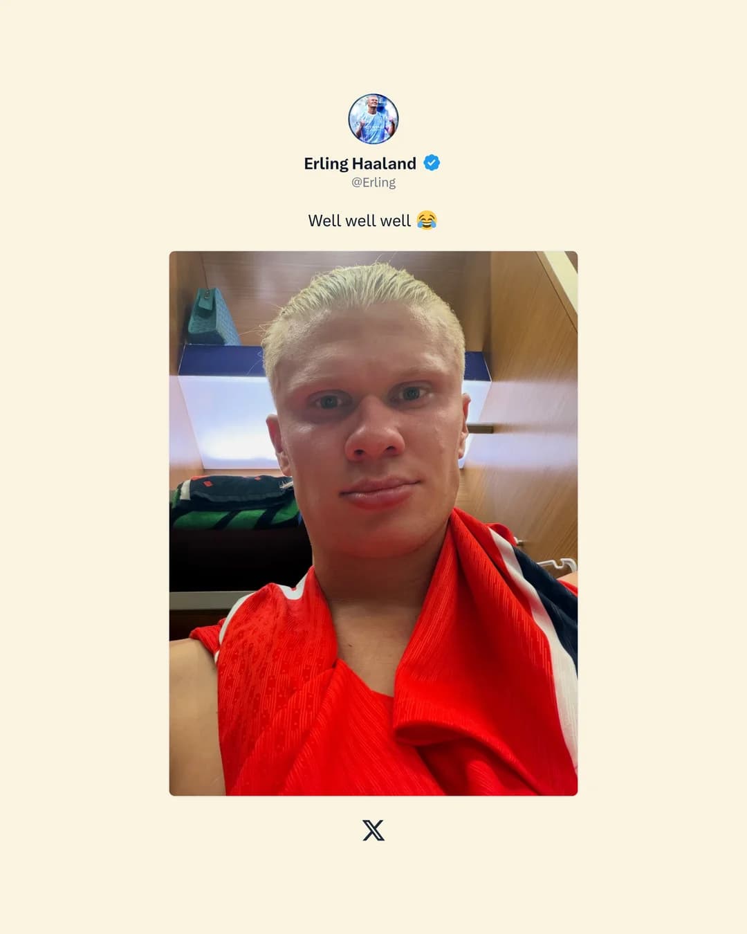 PostCapture export of Erling Haaland's Well well well selfie post, centered on a cream background