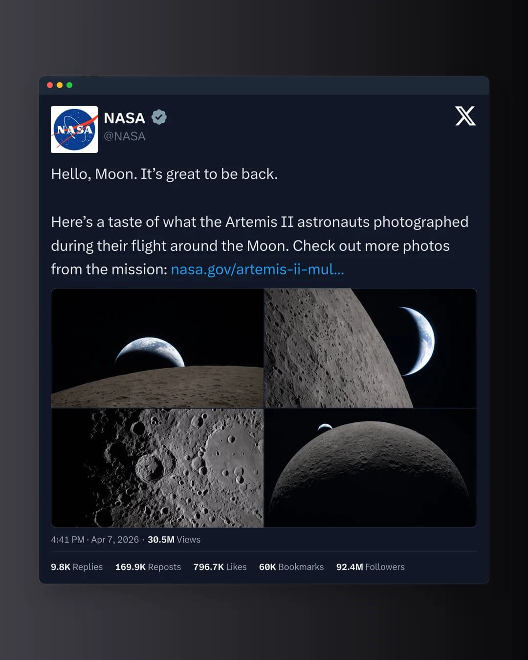 PostCapture export of NASA's Hello, Moon post with a grid of four Artemis II photos, in a dark macOS window on a charcoal background