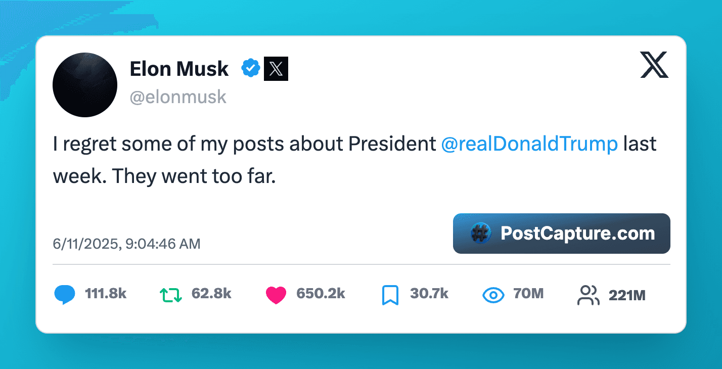 Elon Musk tweets: I regret some of my posts about @realDonaldTrump last week. They went too far.