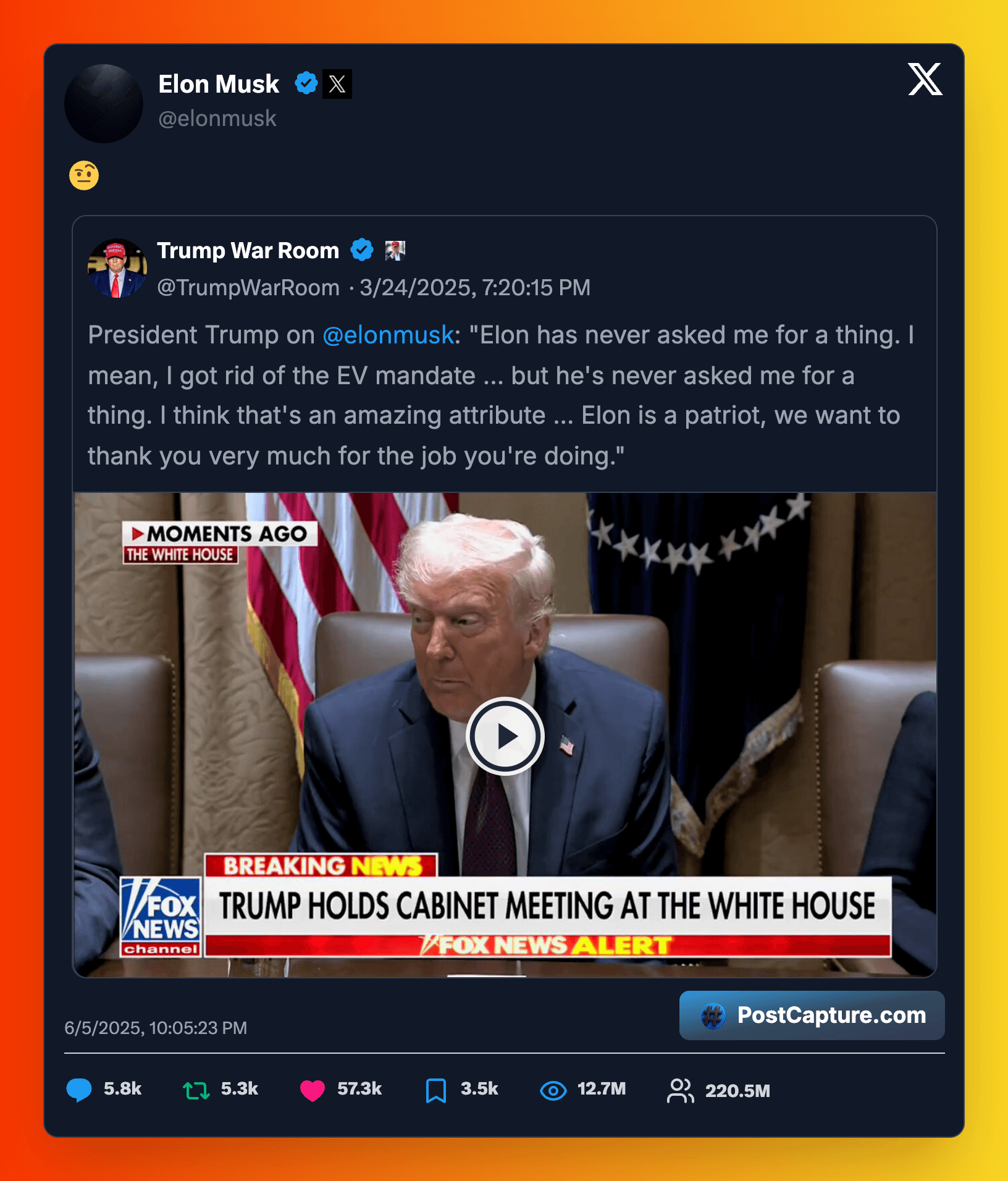Elon Musk tweets an emoji 🤔 above a video shared by Trump War Room from March 2025, showing Donald Trump praising Musk as a patriot and stating that Musk has never asked him for anything. Trump mentions removing the EV mandate and thanks Musk for the job he's doing. The video is from a White House cabinet meeting.