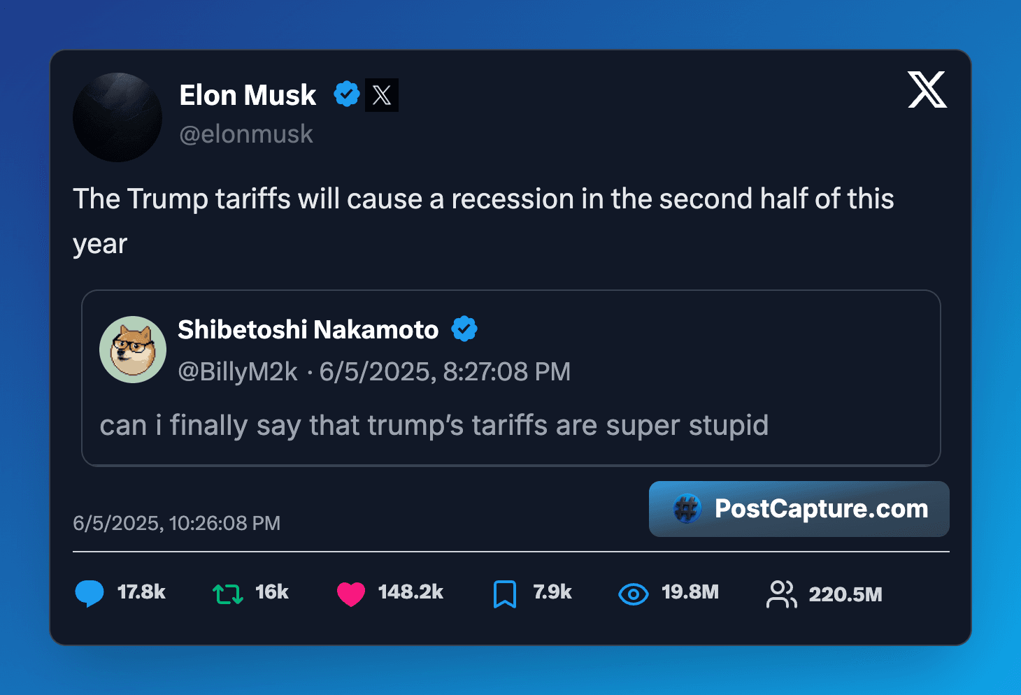 Elon Musk tweets: 'The Trump tariffs will cause a recession in the second half of this year' in response to Shibetoshi Nakamoto's tweet: 'can i finally say that trump's tariffs are super stupid.'
