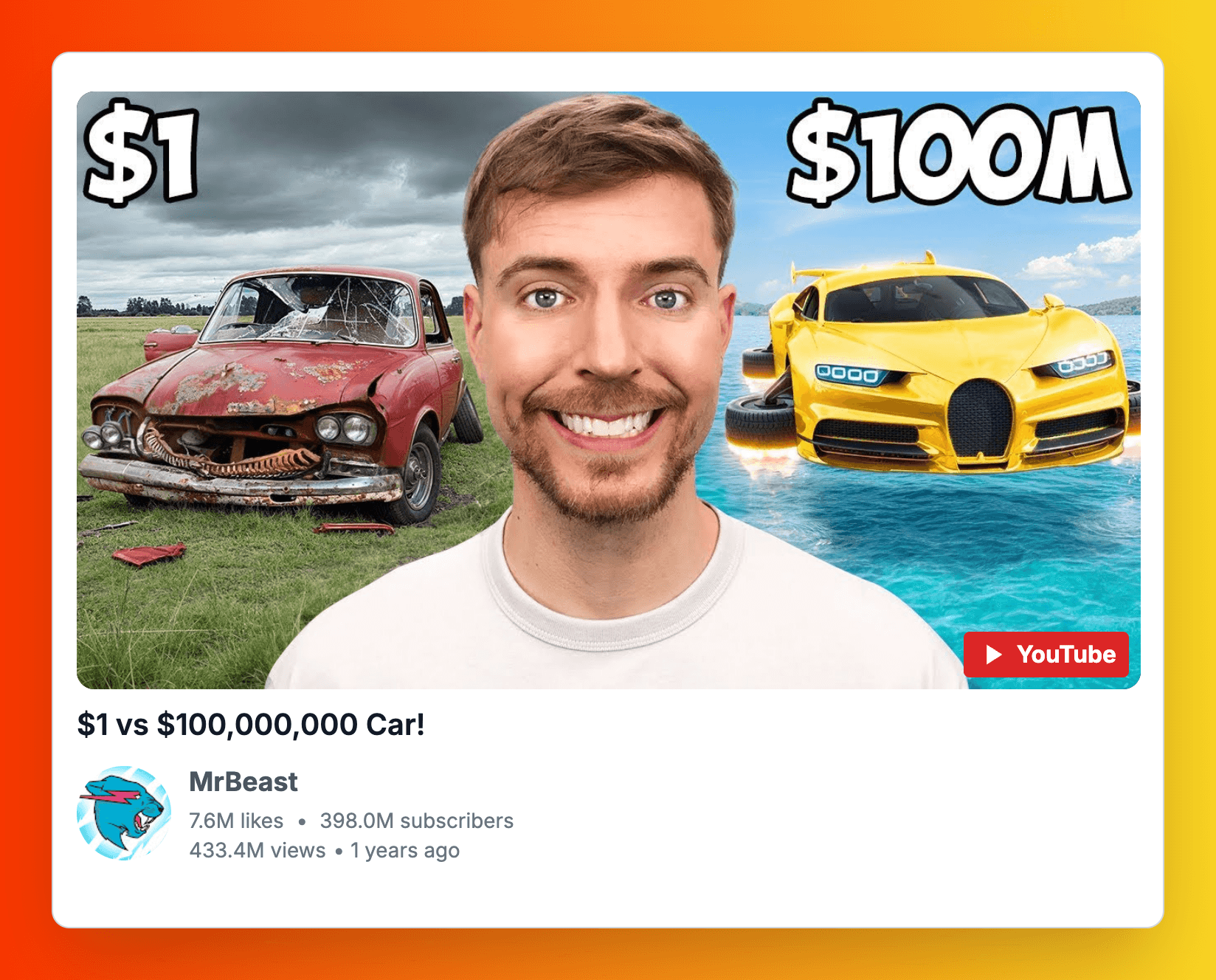 YouTube Screenshot Example - MrBeast video showing $1 vs $100,000,000 Car comparison