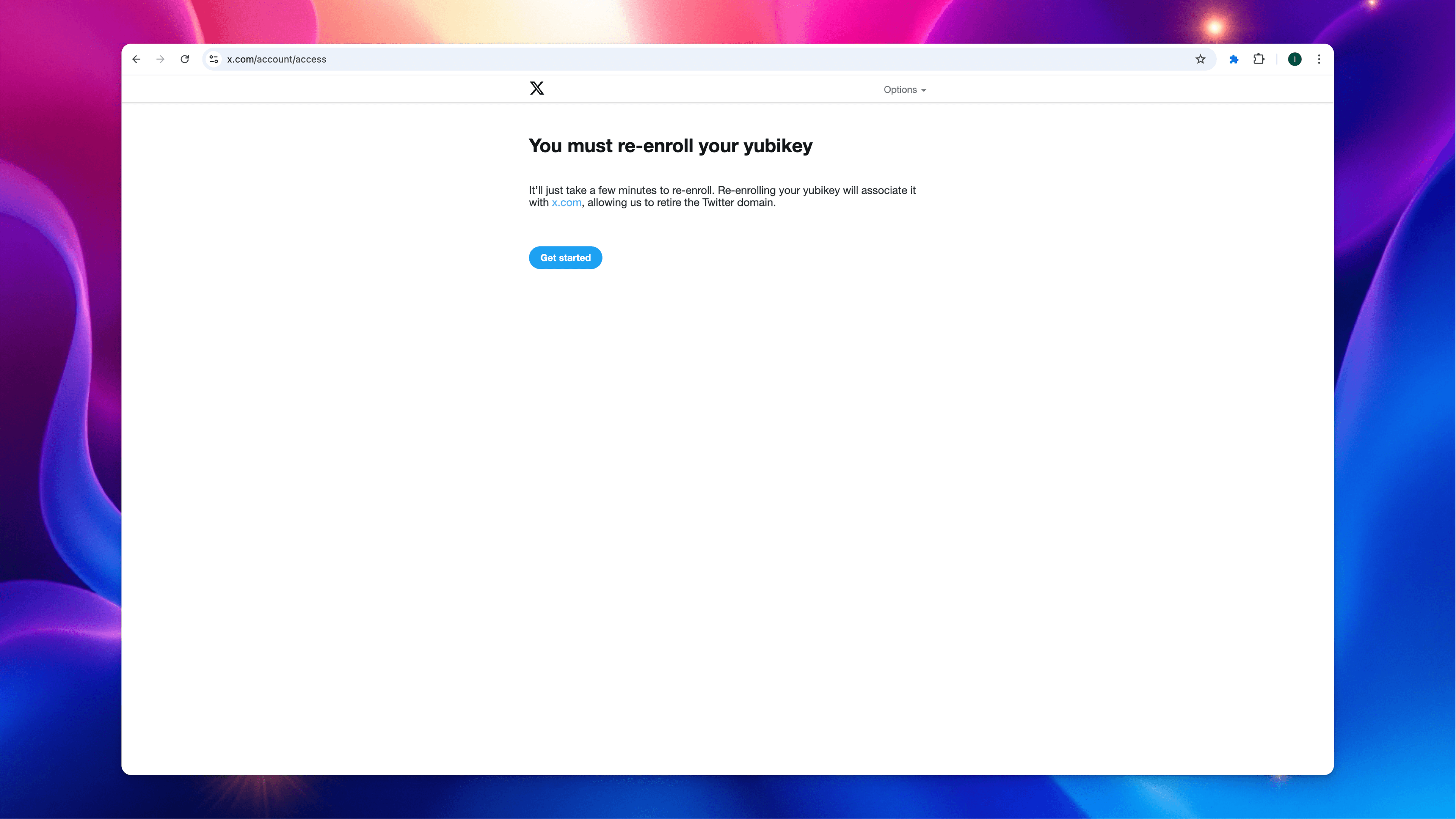 X.com YubiKey login error message showing 'You must re-enroll your YubiKey' with DownDetector spike chart