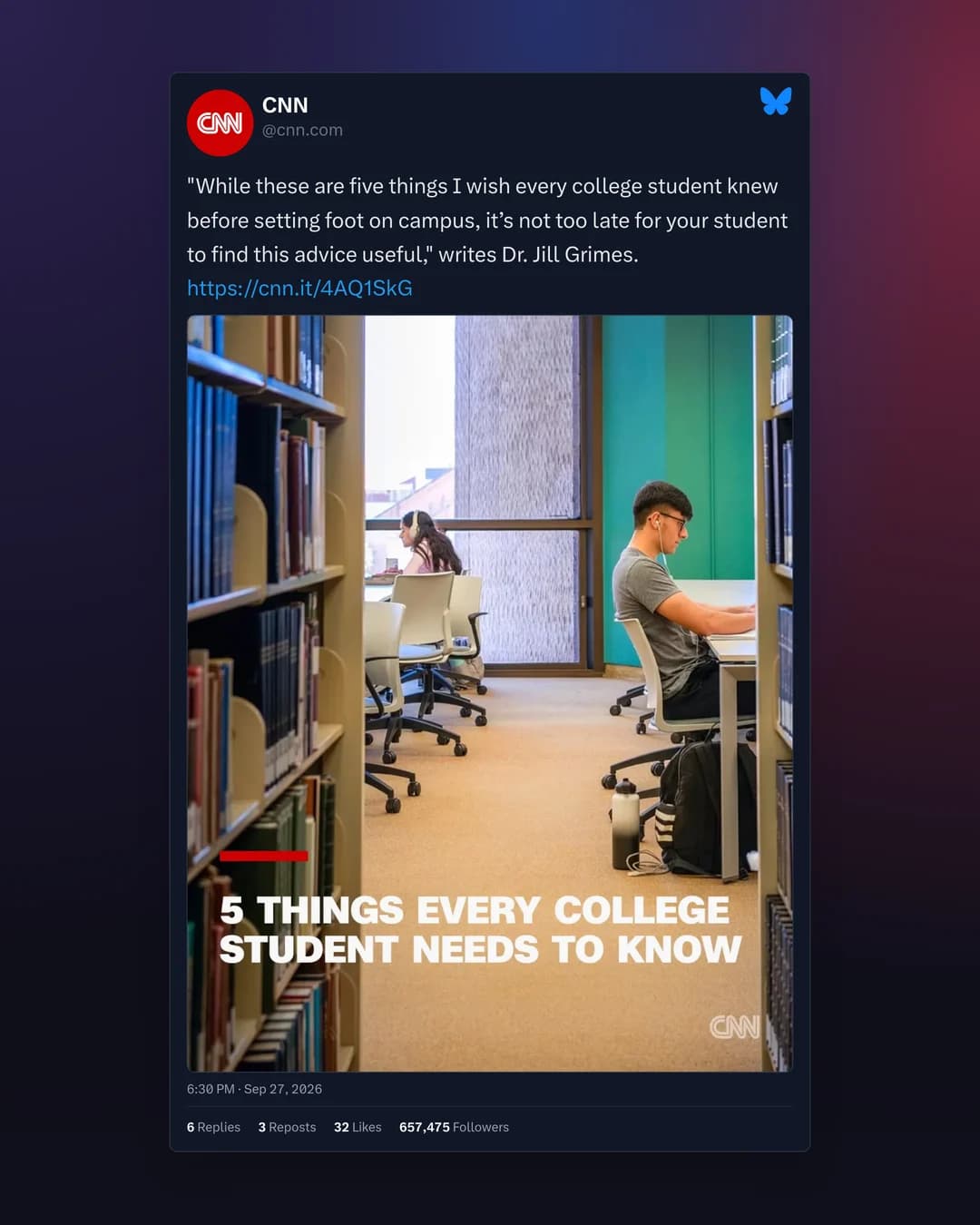 PostCapture Bluesky screenshot of a CNN post with its photo, handle and stats on a dark card