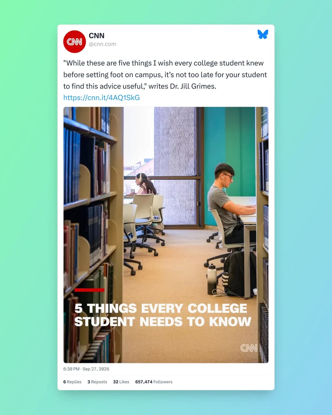 The same CNN Bluesky post on a light card with a mint to sky gradient