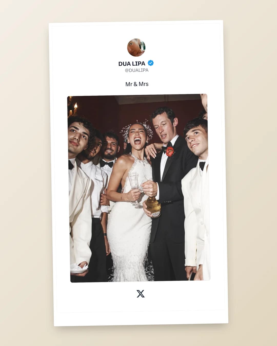 Dua Lipa post Mr & Mrs with her wedding photos, in the Polaroid template