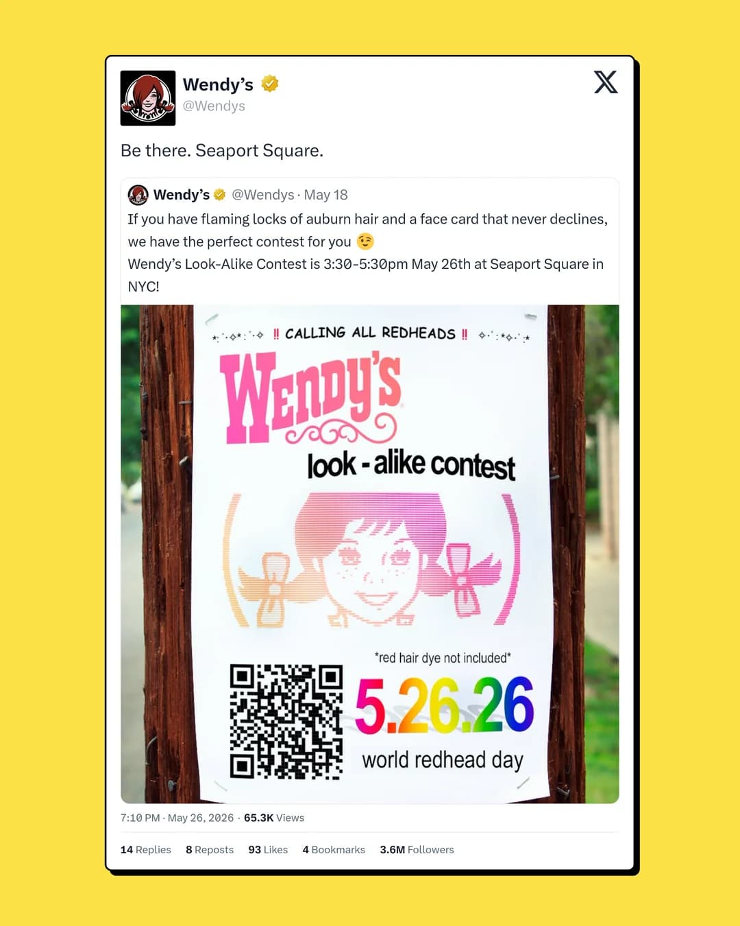 Wendy's quoting its own look-alike contest post, with the quoted poster image, in the Retro Pop template