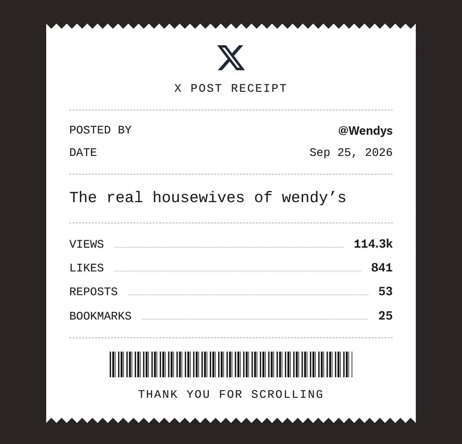The same Wendy's post in the Receipt template with no watermark