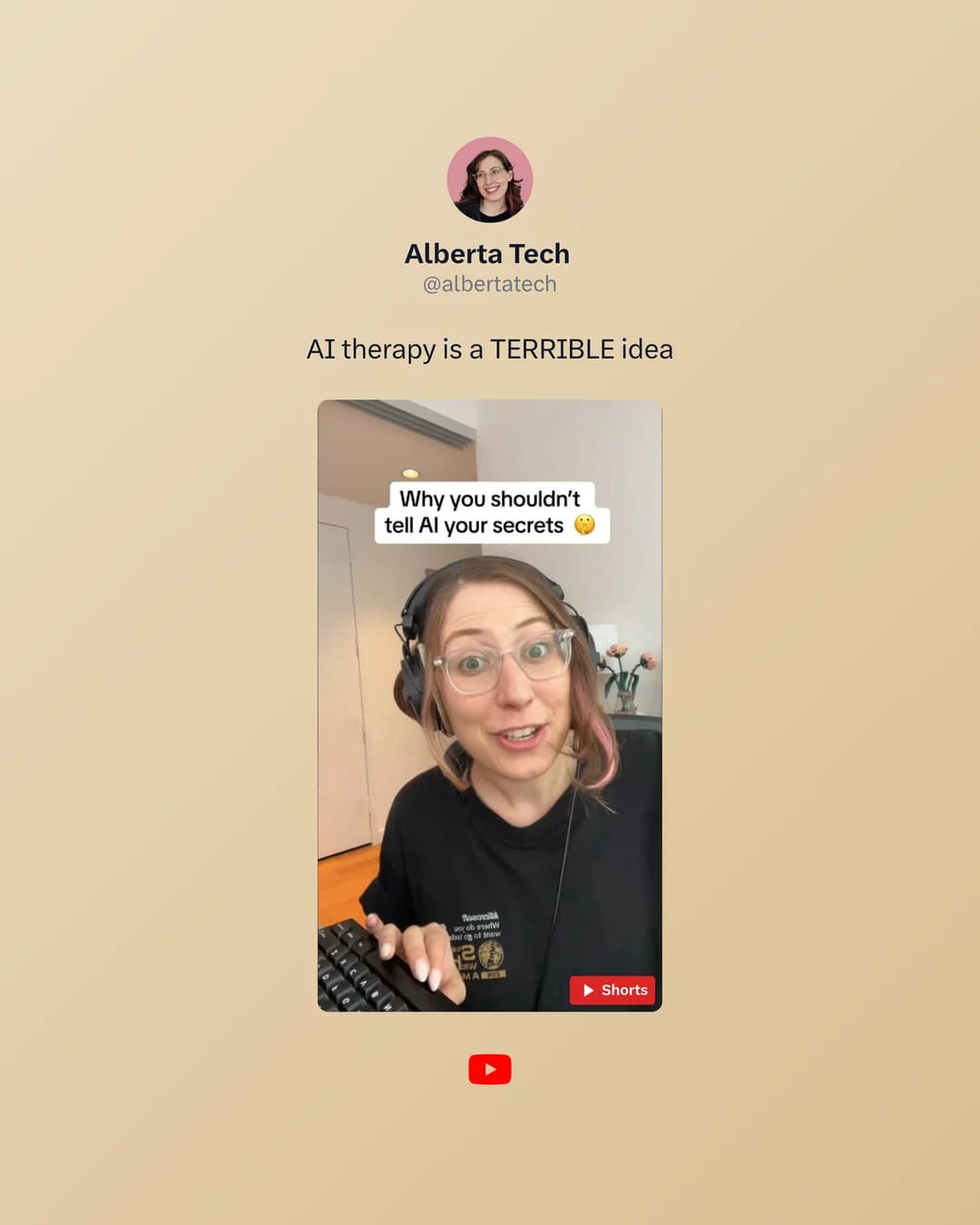 Alberta Tech YouTube Short AI therapy is a TERRIBLE idea with its portrait thumbnail, in the Poster template